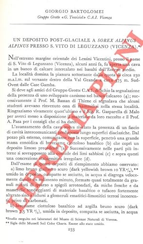 Un deposito postglaciale a Sorex alpinus presso S. Vito di Lughezzano (Vicenza) .