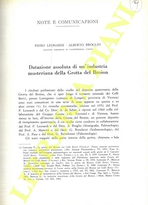 Seller image for Datazione assoluta di un'industria musteriana della Grotta del Broion. for sale by Libreria Piani