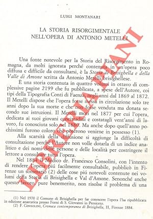 Bild des Verkufers fr La storia risorgimentale nell'opera di Antonio Metelli. zum Verkauf von Libreria Piani