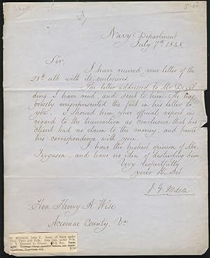 Signed Letter Addressed to the Honorable Henry A. Wise of Virginia. Navy Department, July 7th, 1848