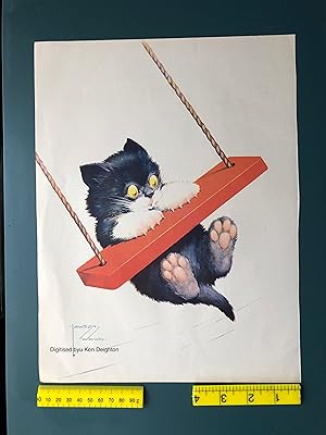 Image du vendeur pour Kitten Hanging Onto To Large Swing HUMOROUS COLOUR PRINT mis en vente par Deightons