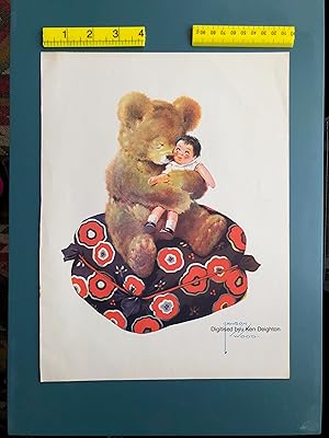 Bild des Verkufers fr Small Bear Holding Doll Sitting On Bright Cushion HUMOROUS COLOUR PRINT zum Verkauf von Deightons