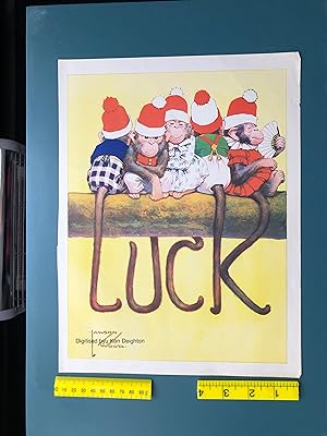 Bild des Verkufers fr 5 Small Monkeys All In Father Xmas Hats Sitting On Tree Trunk With Tails Spelling Out " Luck ". HUMOROUS COLOUR PRINT zum Verkauf von Deightons
