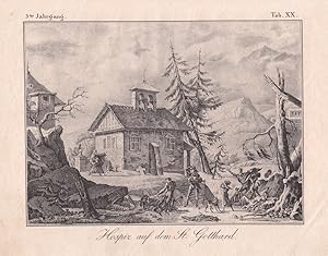 Hospiz auf dem St. Gotthard, schöne Lithograpie von 1832, Blattgröße: 19 x 24,8 cm, reine Bildgrö...