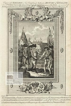 Seller image for US American War of Independence. The Surrender of Earl Cornwallis (Lieutenant-General of the British Army in North America) to General Washington & Count DeRochambeau, on the 19th. of Octr. 1781 whereby the Posts of York-Town & Gloucester in Virginia, where then given up to the combined Forces of America & France. Original copper engraving by Thornton in Barnard's New Complete & Authentic History of England 1782 for sale by historicArt Antiquariat & Kunsthandlung