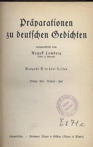 Seller image for Prparationen zu deutschen Gedichten. Dritter Teil: Rckert-Ziel for sale by Clivia Mueller