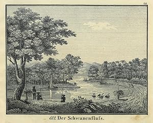 AUSTRALIEN. "Der Schwanenfluß". Landschaft mit Eingeborenen und den schwarzen Schwänen.