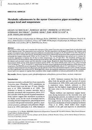 Bild des Verkufers fr Metabolic adjustments in the oyster Crassostrea gigas according to oxygen level and temperature zum Verkauf von ConchBooks