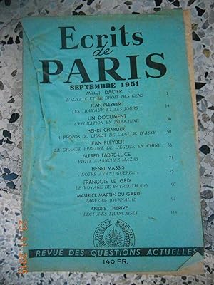 Seller image for Ecrits de Paris - Revue des questions actuelles - N. 83 - Septembre 1951 for sale by Frederic Delbos