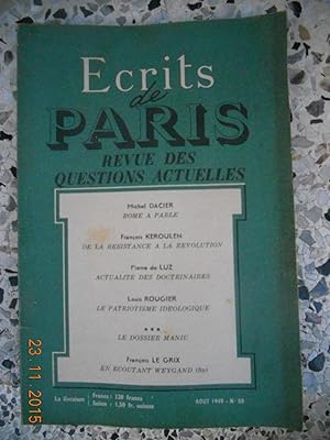 Bild des Verkufers fr Ecrits de Paris - Revue des questions actuelles - N. 58 - Aout 1949 zum Verkauf von Frederic Delbos