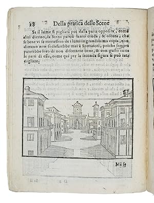 Image du vendeur pour Pratica di fabricar scene, e machine ne'teatri.Pesaro, Flaminio Concordia, 1637. 4to. With the woodcut coat of arms of the dedicatee Cardinal Grimaldi on the title-page and 49 woodcut diagrams and illustrations of decors and stage settings in the text, many illustrating the use of perspective to give an illusion of three dimensions and some showing mechanical systems, such as screens raised and lowered with pulleys. Decorated paper wrappers (ca. 1700?). mis en vente par Antiquariaat FORUM BV