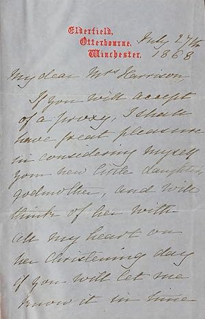 Autograph letter signed, 4-sides 12mo, to "My dear Mrs Harrison". Elderfield, Otterbourne, Winche...