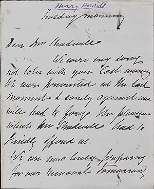 Imagen del vendedor de Autograph letter signed from Mary, 2-pages 12mo, to "Dear Mrs. Shadwell". No place, Tuesday morning, no date. a la venta por Bristow & Garland