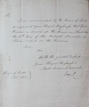 Imagen del vendedor de Letter signed "Eldon", one page 4to with integral blank. House of Lords, 3rd Nov. 1810. a la venta por Bristow & Garland