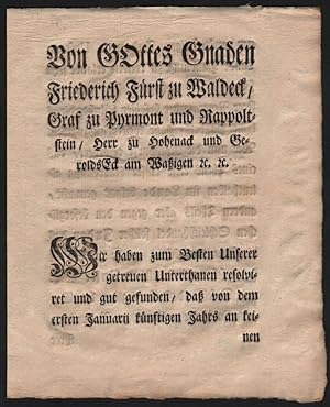 Seller image for [Decree Against Smuggling by Foreign Jews, on November 11, 1767.] Von Gottes Gnaden Friedrich Frst zu Waldeck, [.] for sale by Fldvri Books