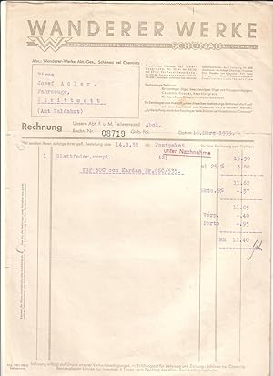 Rechnung Wanderer Werke Schönau bei Chemnitz 1934 (stockfleckig) und 1933 vorm. Winklhofer & Jaen...