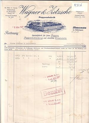 Rechnung Wagner & Zetzsche Ilmenau Thüringen 1947 Puppenfabrik