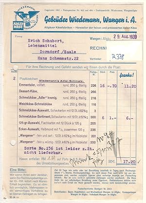 Rechnung Gebrüder Wiedemann Wangen im Allgäu 1939 Allgäuer Käsefabriken Adler-Käse