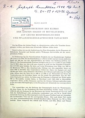 Seller image for Rekonstruktion des Klimas der letzten Eiszeit in Mitteleuropa auf Grund morphologischer und pflanzengeographischer Tatsachen; for sale by books4less (Versandantiquariat Petra Gros GmbH & Co. KG)