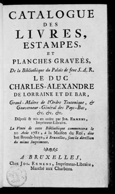 Catalogue des Livres, Estampes, et Planches graveés, de la Bibliothèque du Palais de feue S.A.R. ...