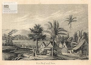 Ein Dorf auf Iava. Idyllische Ansicht von Hütten unter Palmen auf Java mit Frauen, die Essen zube...