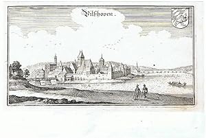 Vilshoven.Vilßshoven. Kupferstich Panorama mit Donau und Wappen.