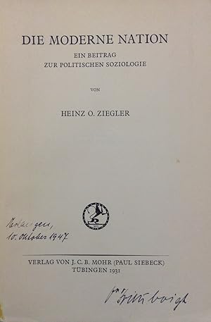 Image du vendeur pour Die moderne Nation. Ein Beitrag zur politischen Soziologie. mis en vente par Buch & Consult Ulrich Keip