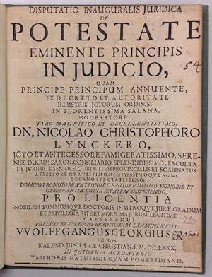 Seller image for Disputatio inauguralis juridica de potestate eminente principis in judicio. for sale by Buch & Consult Ulrich Keip