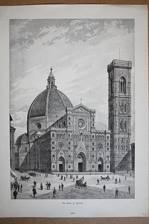 Der Dom zu Florenz Santa Maria del Fiore, Campanile, Holzstich um 1885 mit reicher Figurenstaffag...