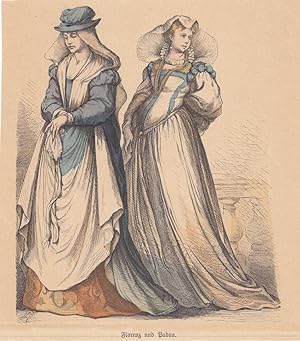 Florenz und Padua, Volkstrachten, Kostümkunde, Kleidung, altkolorierter Holzstich um 1890 mit zwe...
