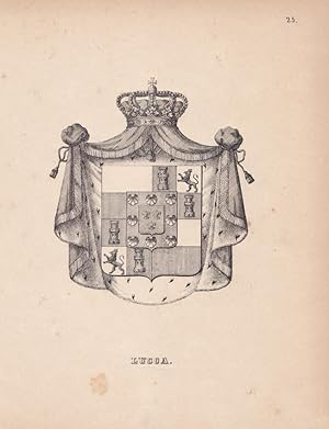 Lucca, Wappen, Heraldik, Stahlstich um 1850 mit schönem bekrönten Wappenschild in Hermelin, Blatt...