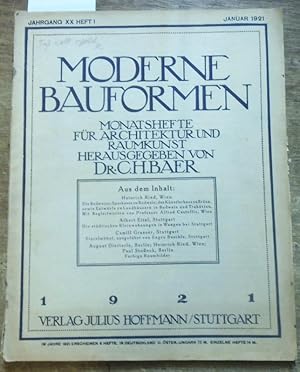 Bild des Verkufers fr Moderne Bauformen. Jahrgang XX, Heft 1 / Januar 1921. Monatshefte fr Architektur und Raumkunst. Inhalt: Heinrich Ried - Die Sparkasse zu Budweis; Das Knstlerhaus zu Brnn, sowie Entwrfe zu Landhusern in Budweis und Trahtten. Mit Begleitworten von Professor Alfred Castelliz in Wien / Albert Eitel: Die stdtischen Kleinwohnungen in Wangen bei Stuttgart / Camill Graeser: Einzelmbel, ausgefhrt von Eugen Buschle / Farbige Entwrfe fr Raumausstattungen: August Dietterle, Heinrich Ried, Paul Stoeck (Stosseck). zum Verkauf von Antiquariat Carl Wegner