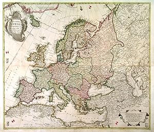 TABULA GEOGRAPHICA EUROPAE AD EMENDATIORA EXEMPLA ADHUC EDITA.. Large map of Europe, printed on...