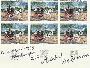 Bild des Verkufers fr Signed sheet of 6 French postage stamps, Washington D.C. 8vo, May 2, 1979 zum Verkauf von Schulson Autographs, Ltd.