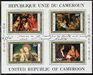 Bild des Verkufers fr Three items: Signed block of 4 postage stamps of the Republic of Cameroon, Christmas collection, 8vo, Christmas 1976. Signed print, 4to, n.p., n.d.; Signed Post Card Reproduction, 8vo, n.p.,n.d. zum Verkauf von Schulson Autographs, Ltd.