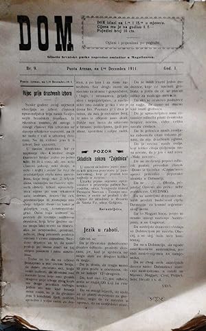 Dom. God I.- Br. 9.- Punta Arenas na 1.og Decembra 1911. Glasilo hrvatske pueke napradeu omladine...