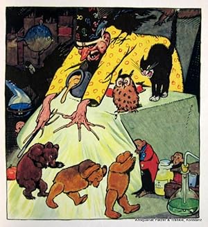 Seller image for Hoppla - wir kommen! Ein lustiges Teddy-Buch. Leipzig, Alfred Hahns Verlag Dietrich & Sell, o.J. (1931). Mit farbigem Titel, 14 ganzseitigen farbigen Illustrationen u. weiteren Illustrationen in Silhouettenmanier. 15 Bl. Farbiger Or.-Hlwd.; Kanten beschabt. (Verl. Nr. 59). for sale by Jrgen Patzer