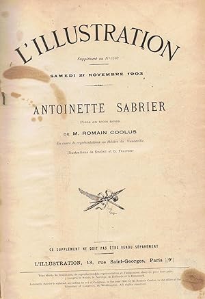 Imagen del vendedor de LIllustration. Supplment de Thatre. ANTOINETTE SABRIER * LES SENTIERS DE LA VERTU * LE DDALE * LA SORCIRE * LADVERSAIRE * OISEAUX DE PASSAGE * LESBROUFE * LA PLUS FAIBLE * VARENNES * LA DSERTEUSE * LEMBARQUEMENT POUR CYTHRE. 11 obras a la venta por Librera Torren de Rueda