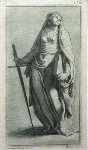 Bild des Verkufers fr Figura femminile con gli attributi del libro e della spada. zum Verkauf von BOTTEGHINA D'ARTE GALLERIA KPROS