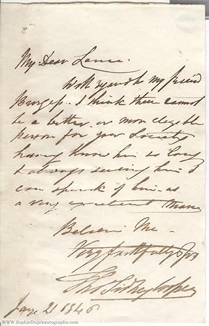 Autograph Letter Signed to 'My dear Lane' (Thomas Sidney, 1803-1902, R.A., Animal Painter)