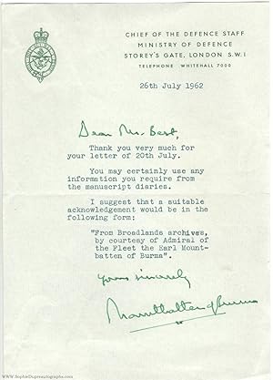 Typed Letter Signed 'Mountbatten of Burma' to Mr. Best, (Earl Louis, of Burma, 1900-1979, Admiral...