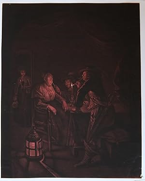 Antique print, mezzotint | Interior with four people, published 1774, 1 p.