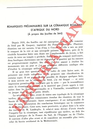 Bild des Verkufers fr Remarques prliminaires su la cramique d'Afrique du Nord (A propos des fouilles de Stif) . zum Verkauf von Libreria Piani