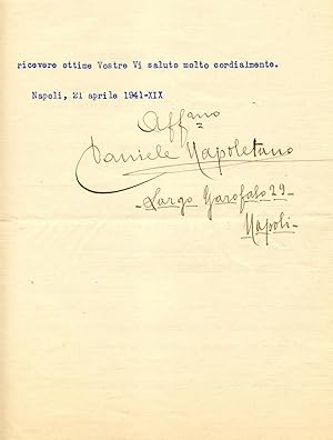 Bild des Verkufers fr Lettera dattiloscritta a firma autografa del compositore Daniele Napoletano. zum Verkauf von studio bibliografico pera s.a.s.
