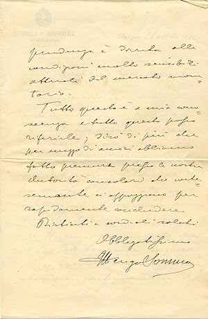 Imagen del vendedor de Lettera autografa firmata dell'Ingegner Ulderigo Somma (Pistoia, 1875-1954). a la venta por studio bibliografico pera s.a.s.
