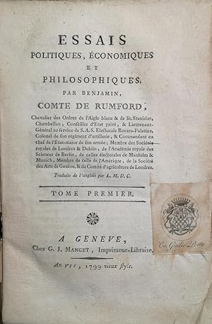 Bild des Verkufers fr Essais politiques, conomiques et philosophiques. Traduits de l'Anglais par L.M.D.C. zum Verkauf von AU SOLEIL D'OR Studio Bibliografico