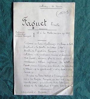 Image du vendeur pour Lettre Autographe Signe de mile Faguet. mis en vente par Livres et Collections
