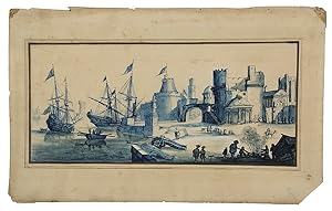 Bild des Verkufers fr [Ladimistri nel' archipelago].[The Netherlands(?), ca. 1720?]. Oblong folio (19.5 x 31.5 cm). Pen and blue-black ink-wash drawing on laid paper, showing the city of Edremit, its harbour and fortifications, with an Ottoman and a Dutch(?) ship, and a lighthouse, in a brown thick-thin-thin border, signed in the border below right, but difficult to read (I. P. Sto.?, I. P. Ste.?). Framed (37 x 49 cm). zum Verkauf von ASHER Rare Books