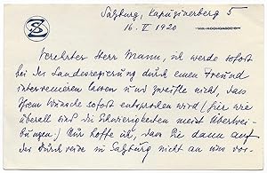 Bild des Verkufers fr Stefan Zweig's Holograph letter to Heinrich Mann. 1920 zum Verkauf von Fldvri Books