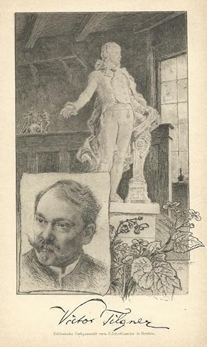 Tilgner, Victor: Kopfporträt vor Mozart-Statue in Werkstatt. Radierung von Wilhelm Krauskopf, 189...